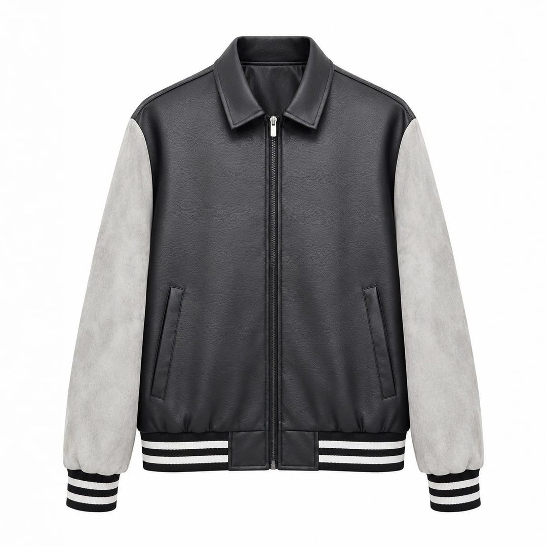 Herren Retro Letterman‑Bomber mit glattem Kunstlederkörper und Veloursärmmel-Detail Drune
