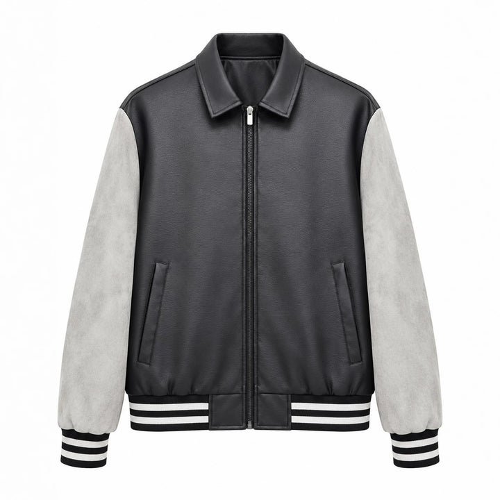 Herren Retro Letterman‑Bomber mit glattem Kunstlederkörper und Veloursärmmel-Detail Drune