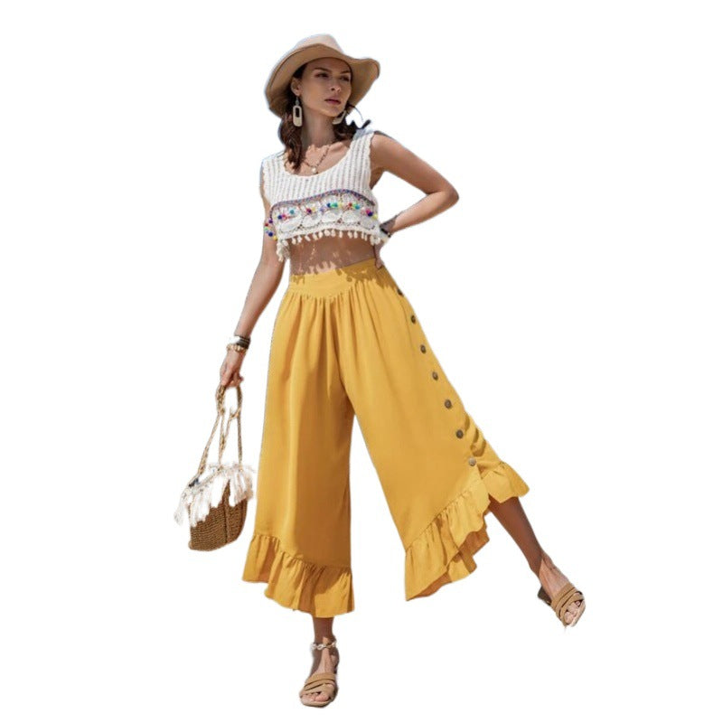 Damen Cropped Top mit buntem Häkelmuster und verspielten Quasten Drune