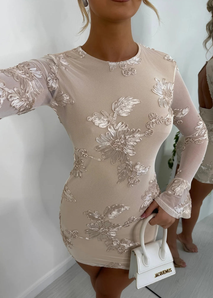 Damen Figurnahes Spitzenkleid mit floralen Applikationen und langen Ärmeln Drune
