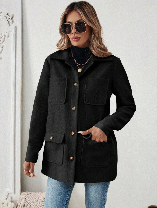 Damen Modische Utility-Jacke mit großen Taschen und goldenem Druck Drune
