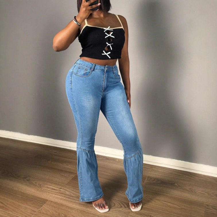 Damen Hochtaillierte Denim-Jeans mit stufenweisem Volant‑Flare und sculptendem Schnitt Drune