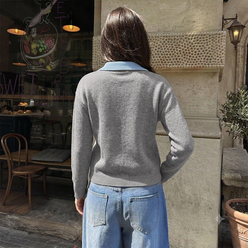 Damen Modischer V-Ausschnitt Pullover mit Kragen Drune