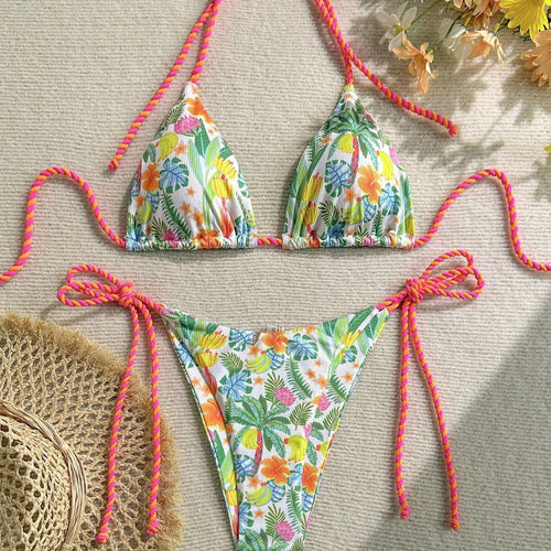 Damen Triangel-Bikini mit buntem Blumenmuster und trendigen Bindebändern Drune