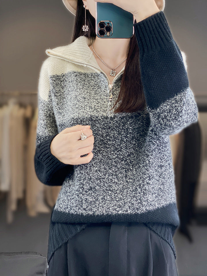 Damen Oversize-Strickpullover mit halbem Zip, meliertem Blockstreifen und weichem Flor Drune