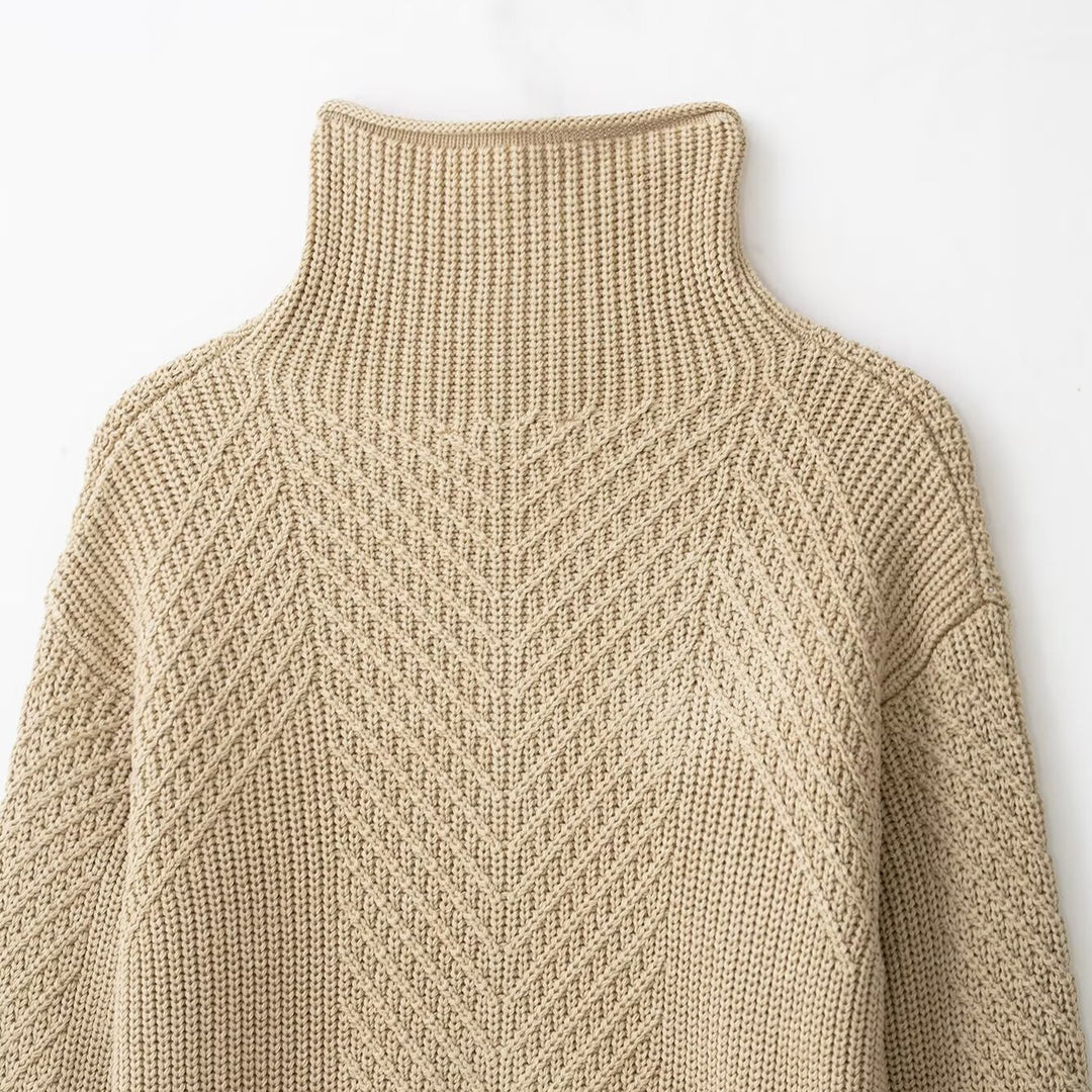 Damen Grobstrick-Pullover mit halbem Reißverschluss und hohem Stehkragen Drune