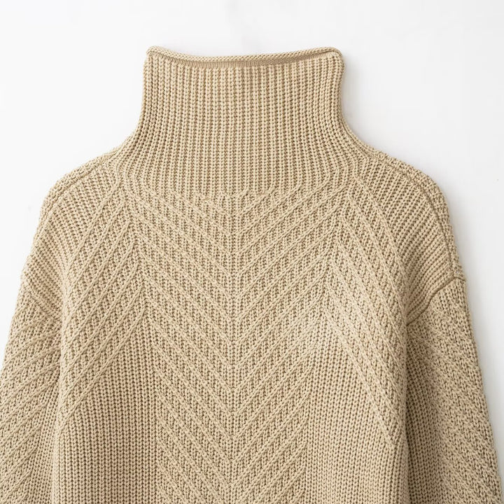 Damen Grobstrick-Pullover mit halbem Reißverschluss und hohem Stehkragen Drune