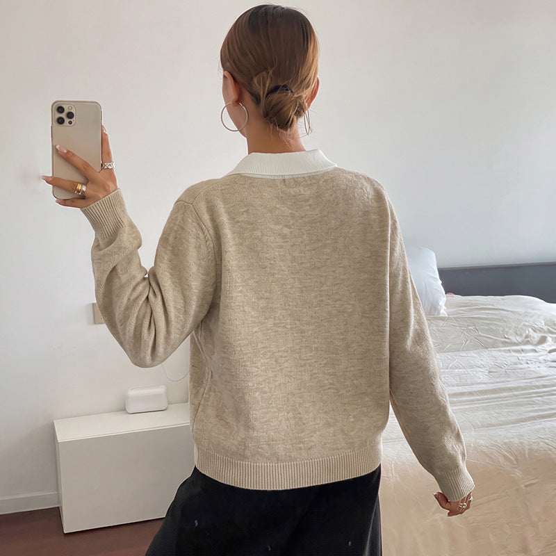 Damen Elegante Strickbluse mit Polo-Kragen und Karomuster Drune