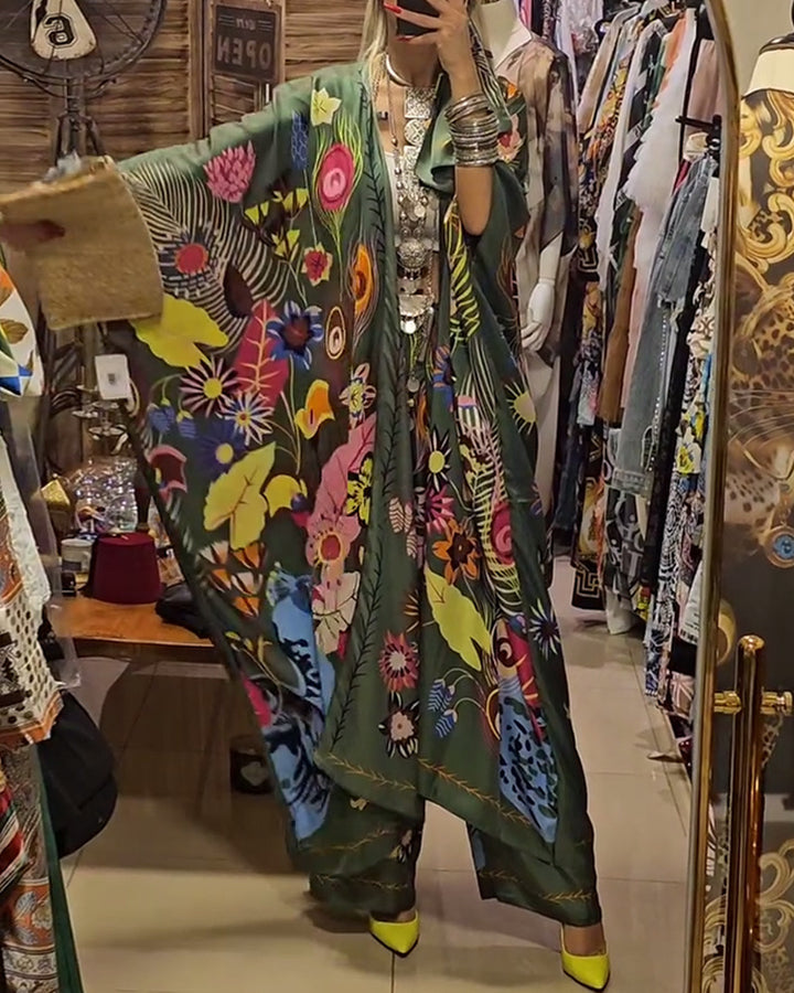 Damen nan extravagantes Maxi-Kaftan-Zweiteiler mit weitem Kimonoärmel, ausgestellter Palazzohose und ausdrucksstarkem Floralprint Drune