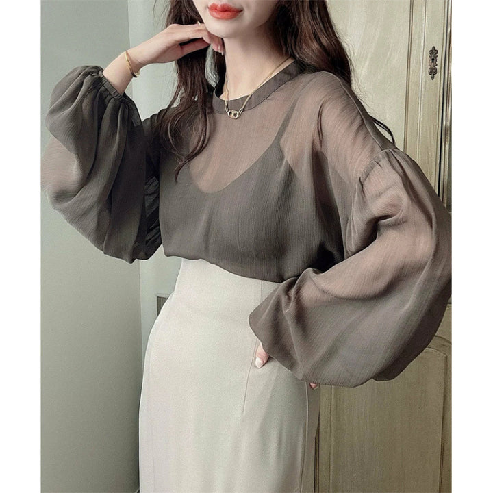 Damen elegante Bluse mit voluminösen Ärmeln und zeitlosem Rundhalsausschnitt Drune