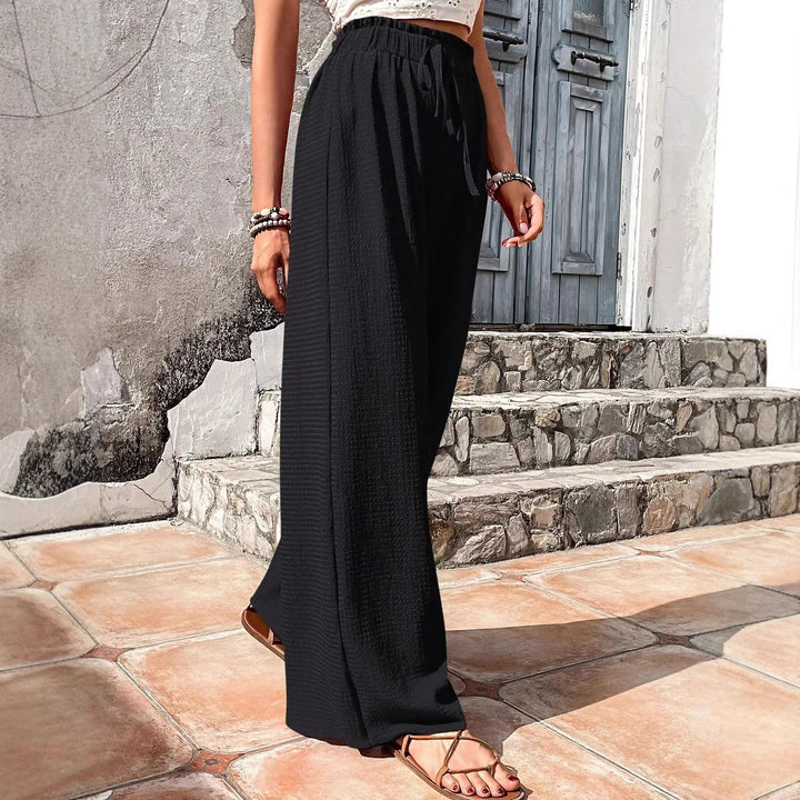 Damen Leichte Palazzo-Loungehose mit strukturierter Crinkle-Optik, hohem Gummibund und Kordelzug Drune