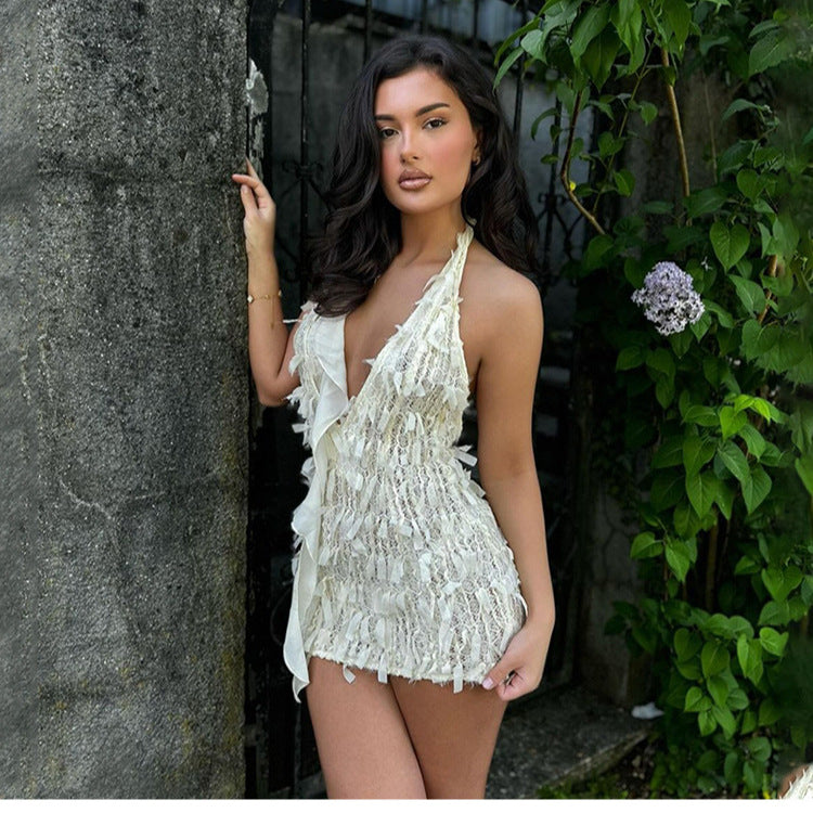Damen Maxikleid mit raffinierten Fransen und tiefem V-Ausschnitt Drune