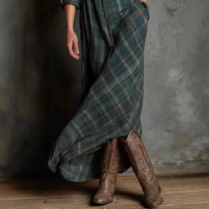 Damen Maxikleid aus kariertem Flanell-Look mit Knopfleiste und seitlichen Taschen Drune