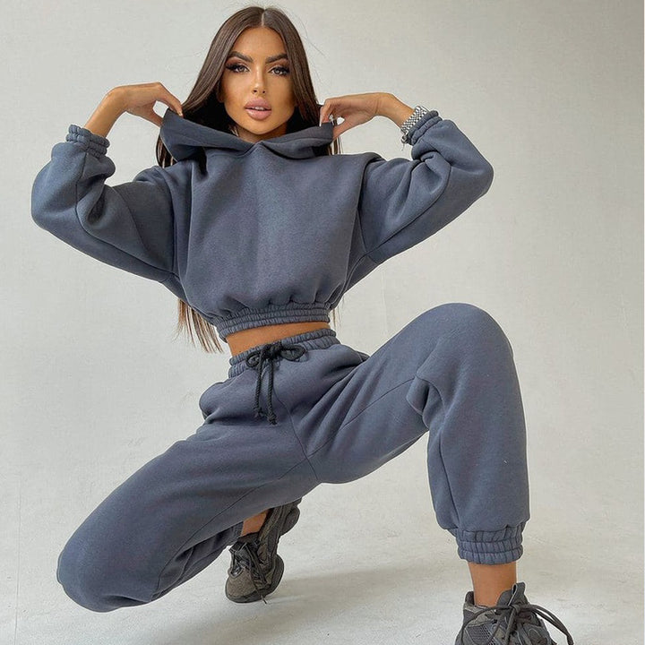 Damen trendiges Sweat-Set mit cropped Oberteil und elastischem Bund Drune