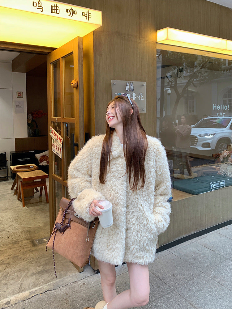 Damen Oversized Kunstfell‑Mantel mit Teddy‑Optik, Stehkragen und Eingrifftaschen Drune