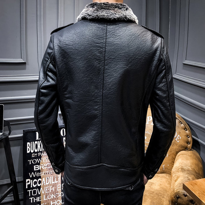 Herren Biker-Lederjacke mit Kunstfellkragen und militärischen Abzeichen Drune