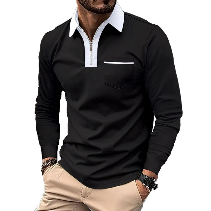 Herren nan elegantes Langarm-Poloshirt mit markantem Stehkragen Metall-Kurzreißverschluss und Brustleistentasche Drune