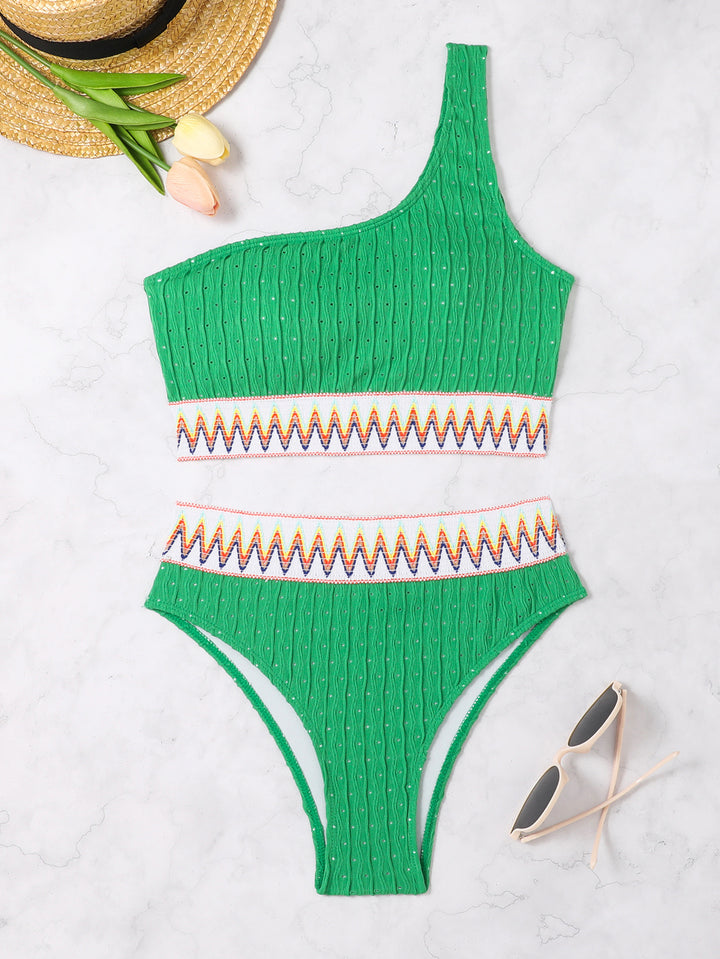 Damen Einseitiger Crop-Bikini mit buntem Jacquardband Drune