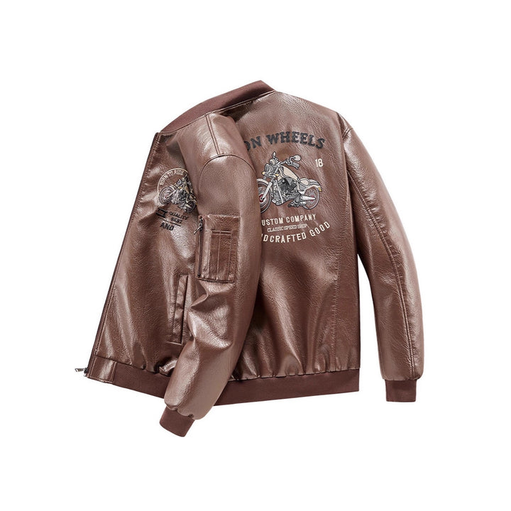 Herren Biker Lederimitat Bomberjacke mit Stickpatches und Ärmeltasche Drune