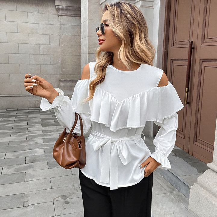 Damen Elegant-Volant-Bluse mit Cut-Out-Schulter und Bindegürtel Drune