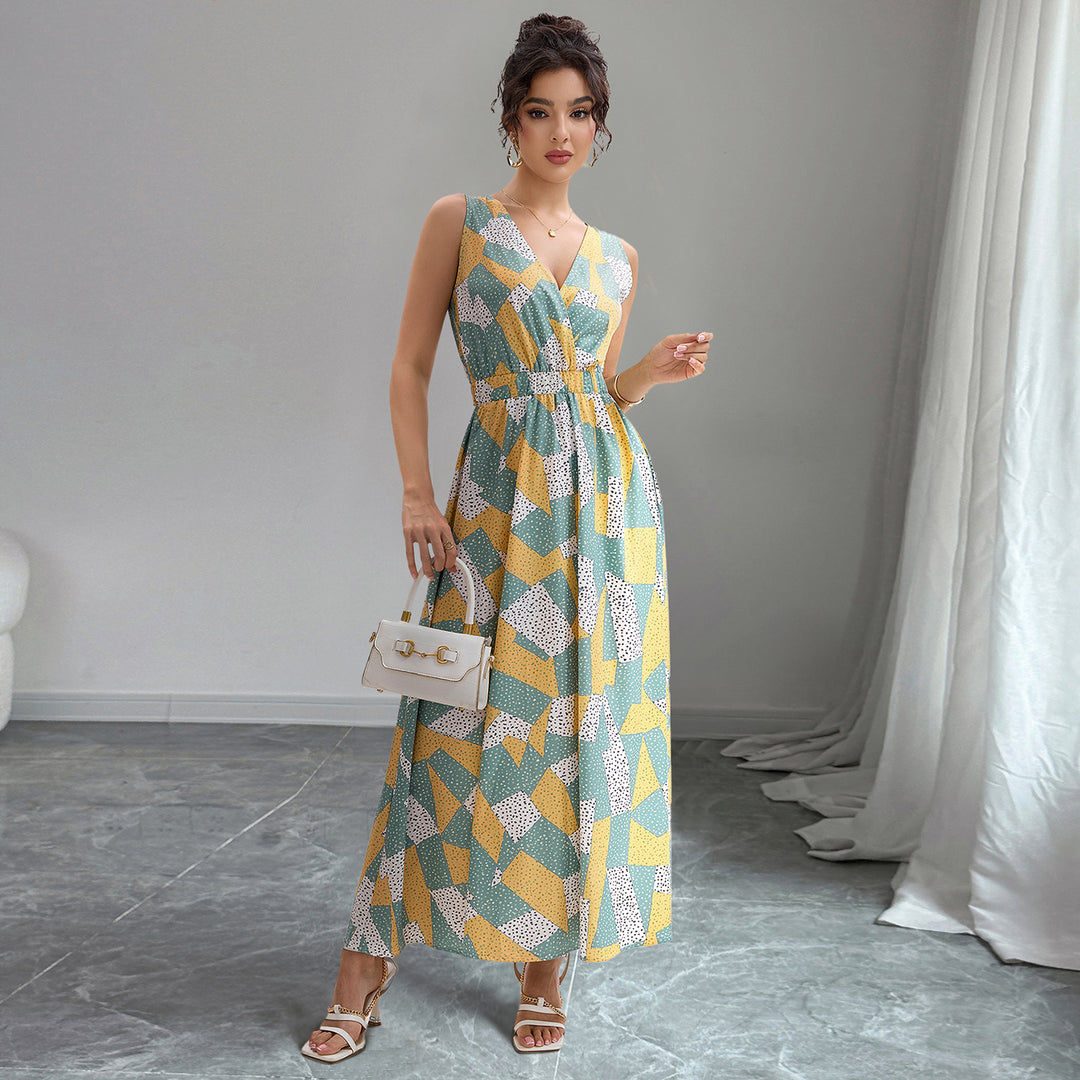 Damen Maxi-Kleid mit V-Ausschnitt und geometrischem Muster Drune
