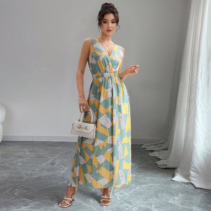 Damen Maxi-Kleid mit V-Ausschnitt und geometrischem Muster Drune