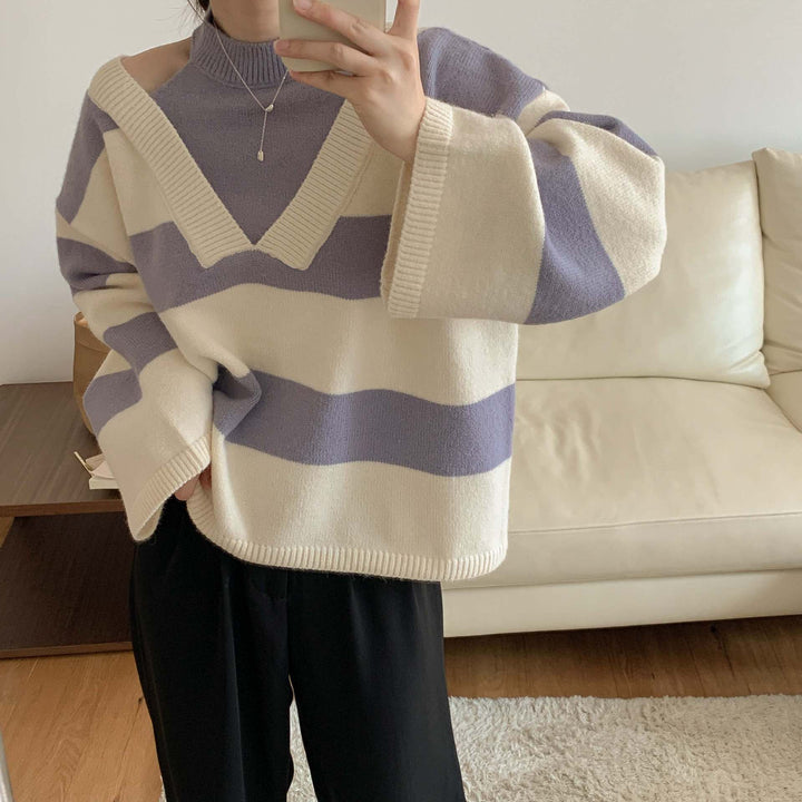 Damen Lässiger Pullover mit modernem Streifenmuster und Schulterfreischnitten Drune