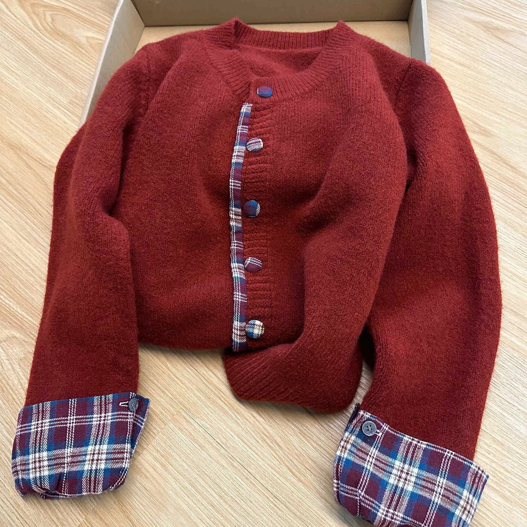 Damen modische Strickjacke mit Karomuster und praktischen Knöpfen Drune