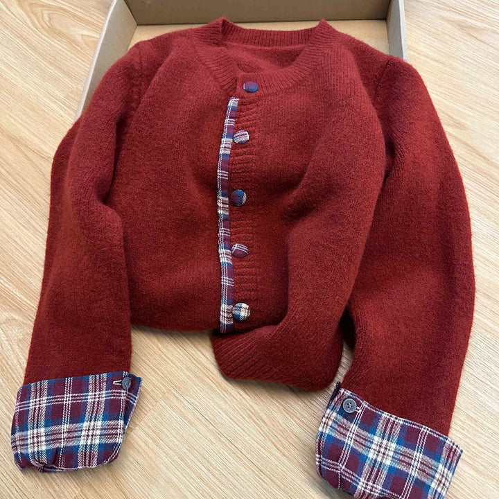Damen modische Strickjacke mit Karomuster und praktischen Knöpfen Drune