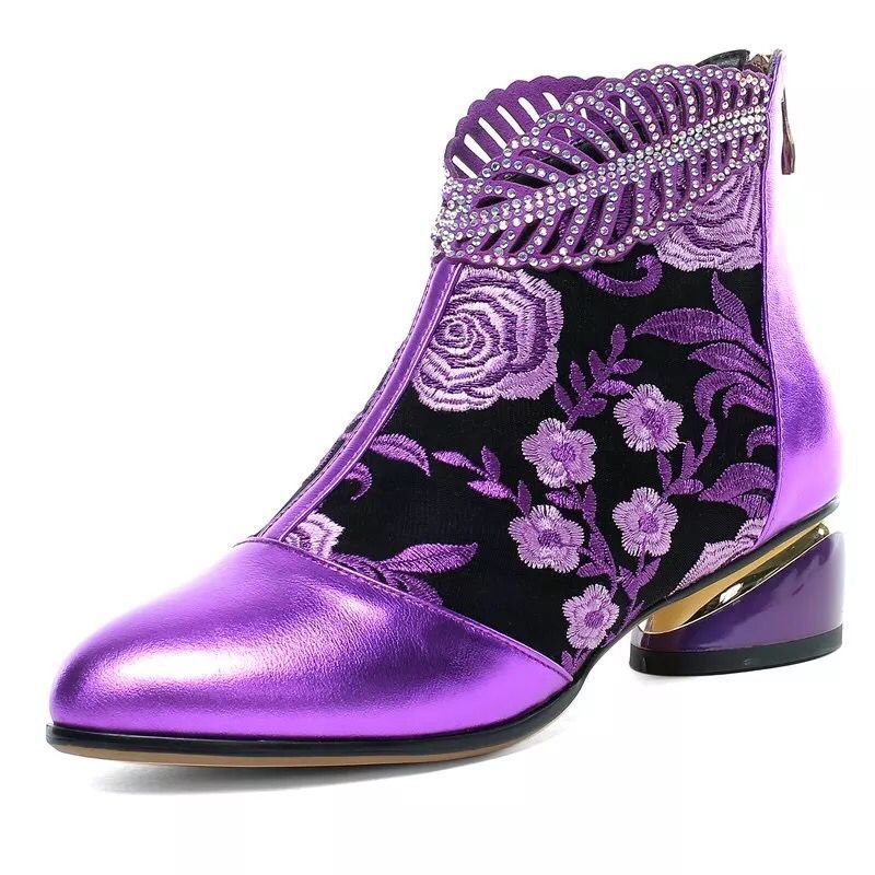 Damen nan bestickte Ankle-Boots mit Samteinsatz Perlenbesatz und skulptiertem Blockabsatz Drune