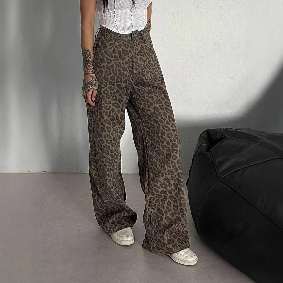 Damen Weit geschnittene Leoparden-Jeans im lässigen Stil Drune
