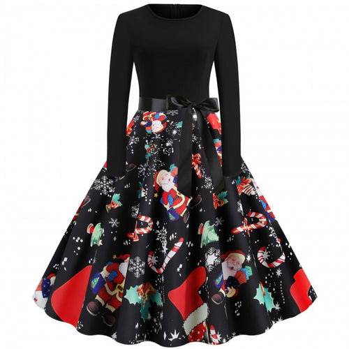 Damen Weihnachtliches Vintage-Swingkleid mit Santa- und Zuckerstangen-Print, tailliertem Oberteil und Satinschleife Drune
