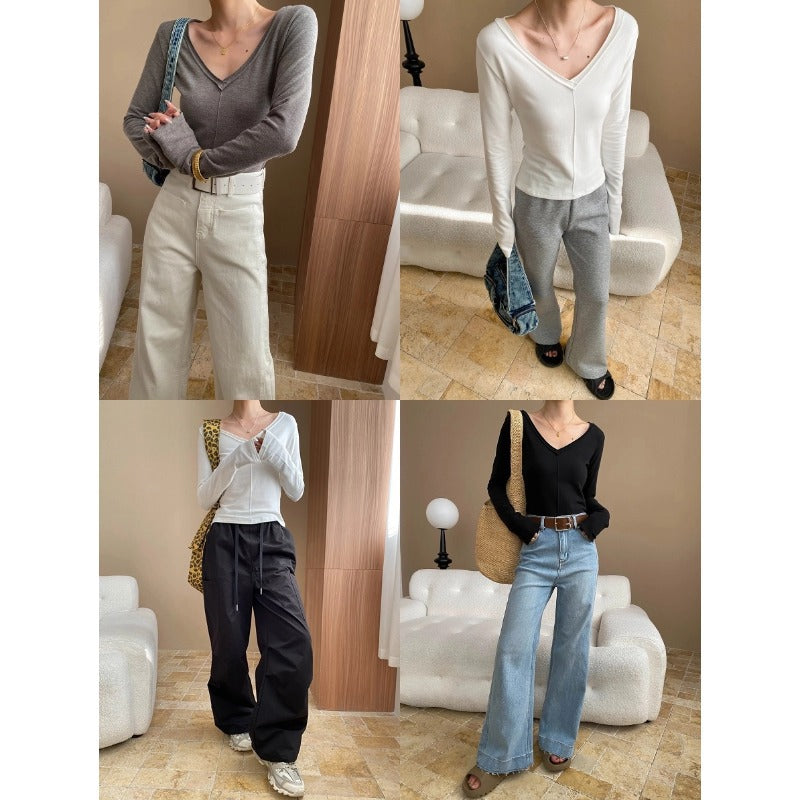Damen elegantes Langarmshirt mit tiefem V-Ausschnitt und feiner Rippstruktur Drune