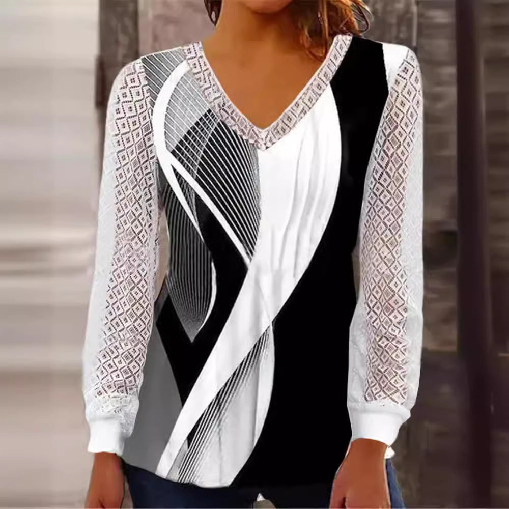 Damen V-Ausschnitt Bluse mit abstraktem Grafikprint und Spitzenärmeln Drune