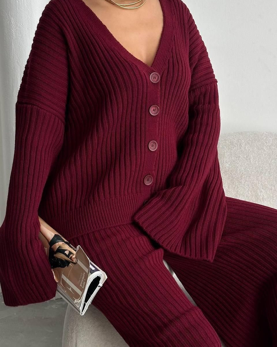 Damen Rippstrick-Cardigan mit überlangen Ärmeln und passender High-Waist-Loungehose Drune