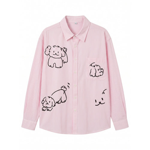 Damen Gestreifte Oversize-Hemdbluse mit Hundedoodle-Prints und Brusttasche Drune