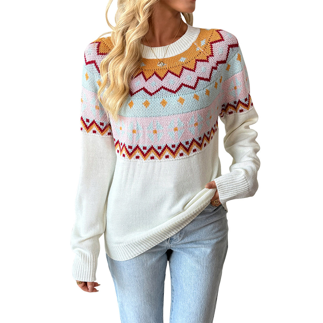 Damen Gemusterter Strickpullover mit Rundhalsausschnitt und Fair-Isle-Motiv Drune