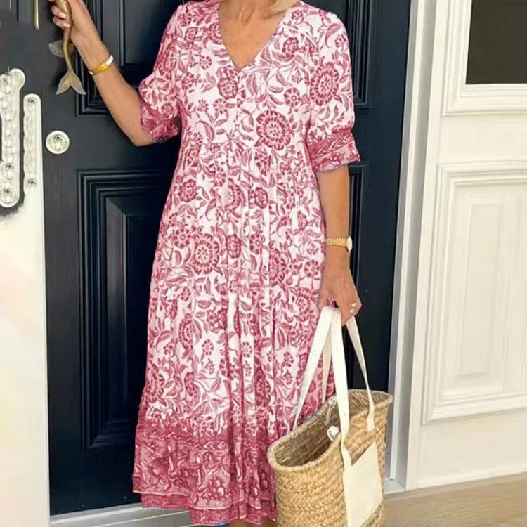 Drune | Dreiviertelärmeliges langes floral gefärbtes Tie-Dye Druckkleid