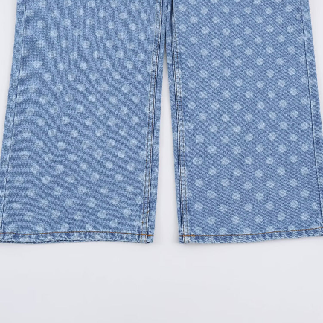 Damen Kurzgeschnittene Weitbein-Jeans mit Tupfenmuster und hoher Taille Drune