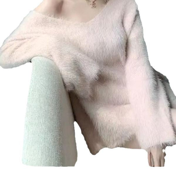 Damen flauschiger Pullover mit tiefem V-Ausschnitt und weiten Ärmeln Drune