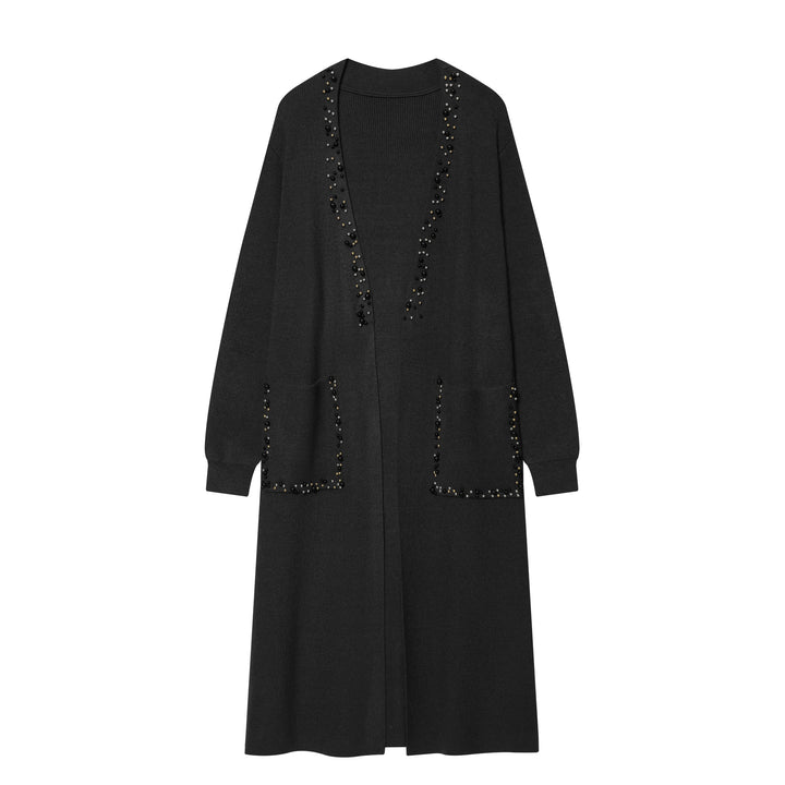 Damen lange offene Strickjacke mit Perlenbesatz und aufgesetzten Taschen Drune