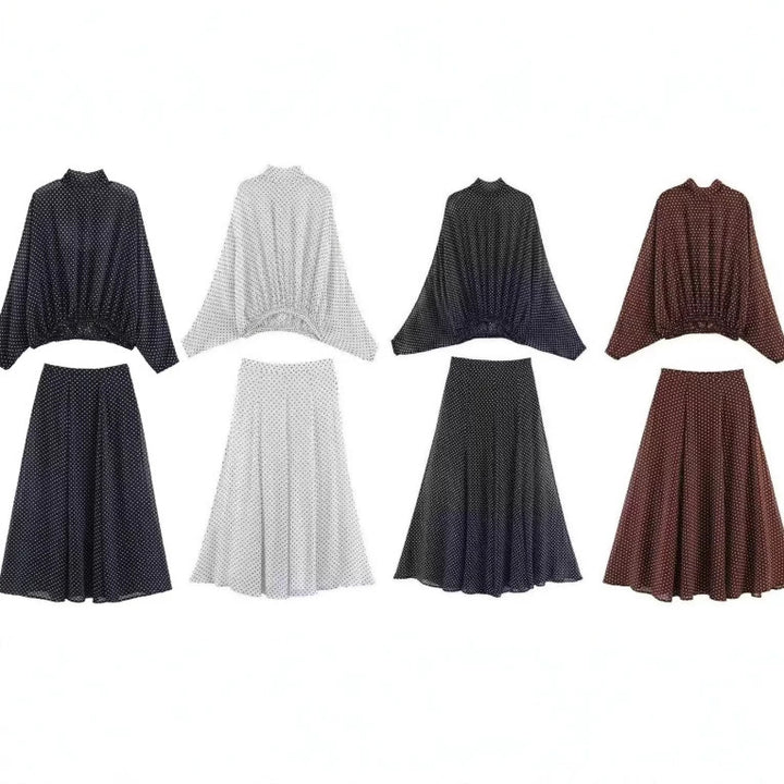 Damen 100+ oversized Pünktchenbluse mit Fledermausärmeln, Stehkragen und elastischem Saum Drune