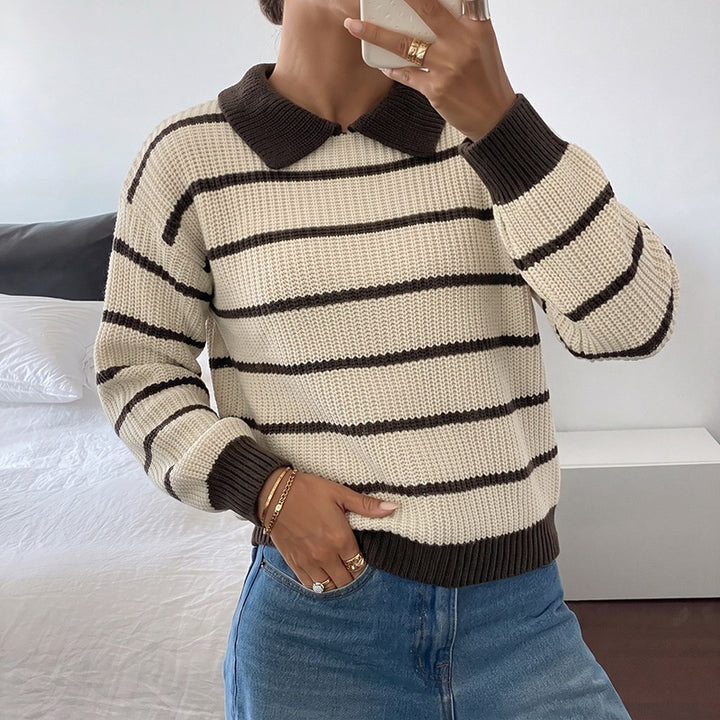 Damen Gestreifter Pullover mit Kragen Drune