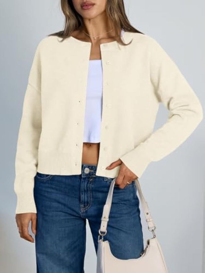 Damen Cropped Strickjacke im Boxy‑Schnitt mit Rundhals und Rippbündchen Drune