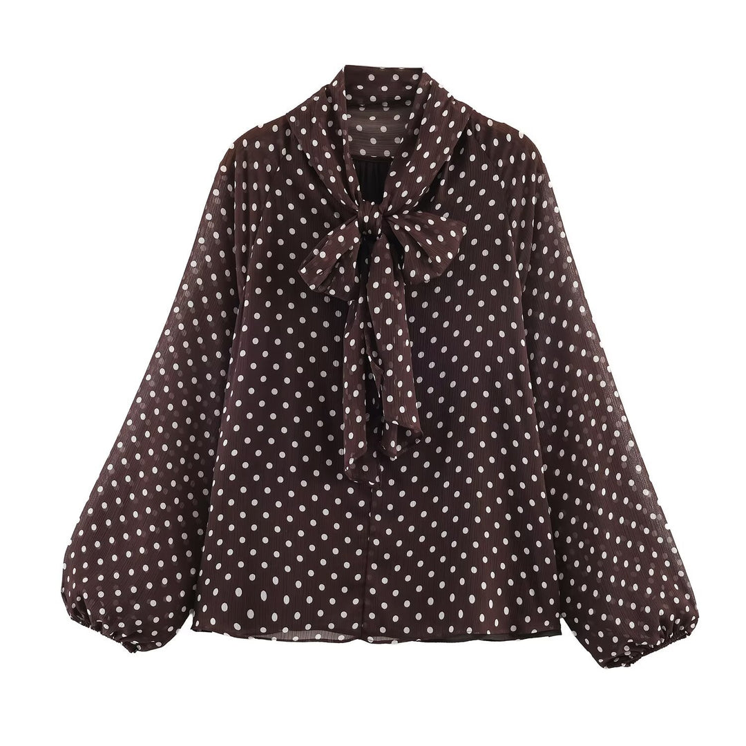 Damen 100+ Chiffonbluse mit Schleifenkragen, Puffärmeln und Tupfenprint Drune