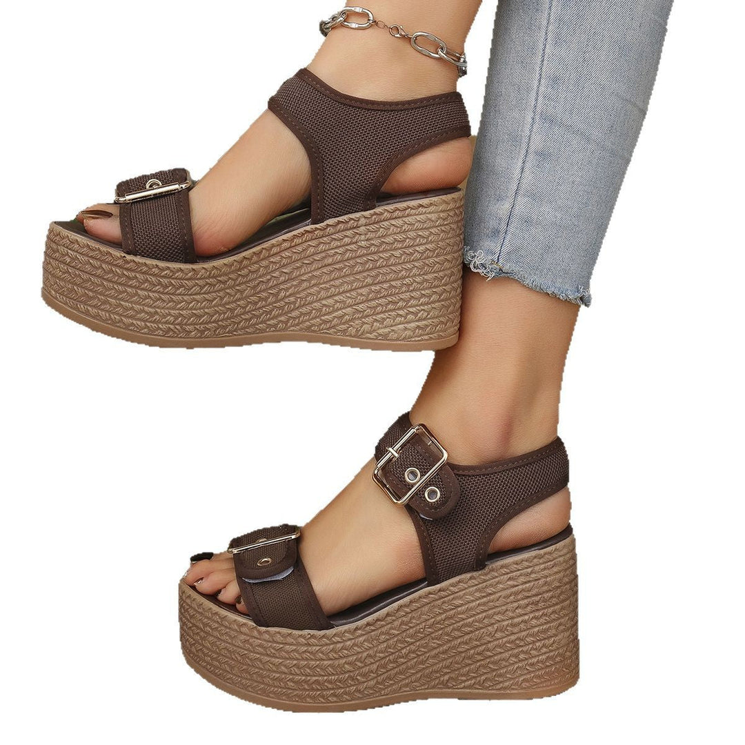 Damen Keil-Sandalen mit verstellbarem Riemen und exquisitem Bast-Design Drune