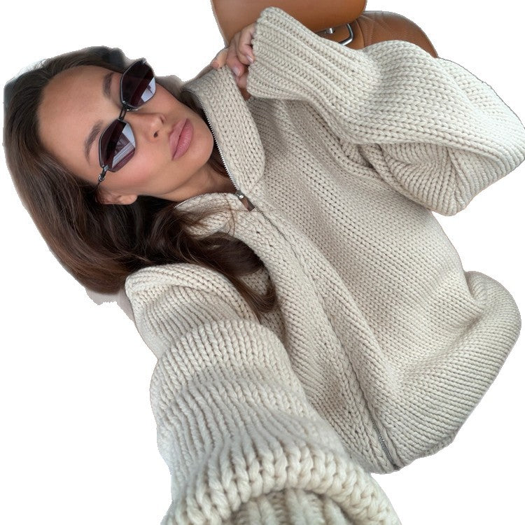 Damen Grobstrick-Zip-Cardigan mit hohem Kragen Drune