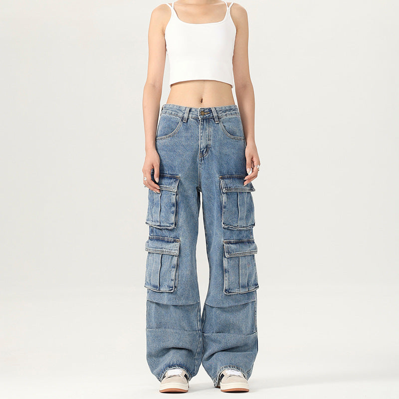 Damen Weite Cargo-Denimhose mit mehreren Klappentaschen und Baggy‑Silhouette Drune