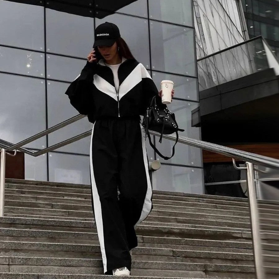 Damen modisches Fleece-Set mit hochschließendem Reißverschluss und weitem Bein Drune