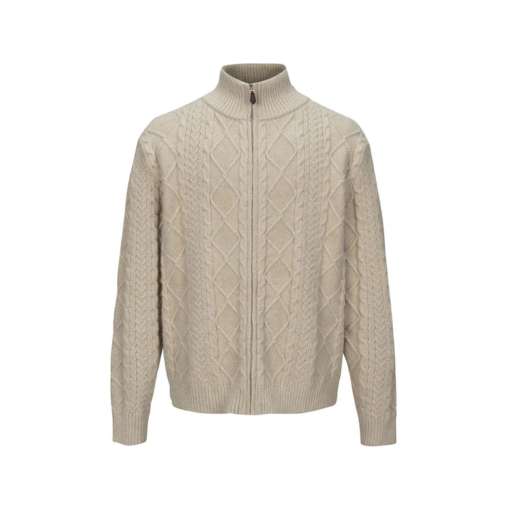 Herren Strick-Zipjacke mit Zopfmuster und hohem Stehkragen Drune